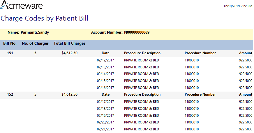 rpt charge codes by patient bill